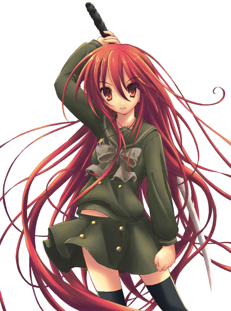 alastor (shakugan no shana), shana, shakugan no shana, non-web source, 00s, 1girl, female focus, jewelry, long hair, pendant, red eyes, red hair, school uniform, serafuku, solo, sword, thighhighs, weapon
