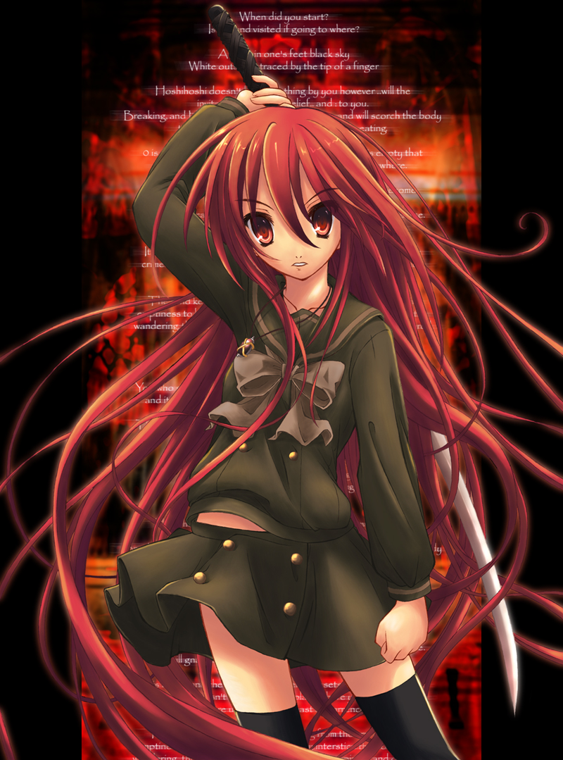 ryo (botugo), alastor (shakugan no shana), shana, shakugan no shana, 00s, 1girl, female focus, jewelry, pendant, red eyes, red hair, school uniform, serafuku, solo, sword, thighhighs, weapon