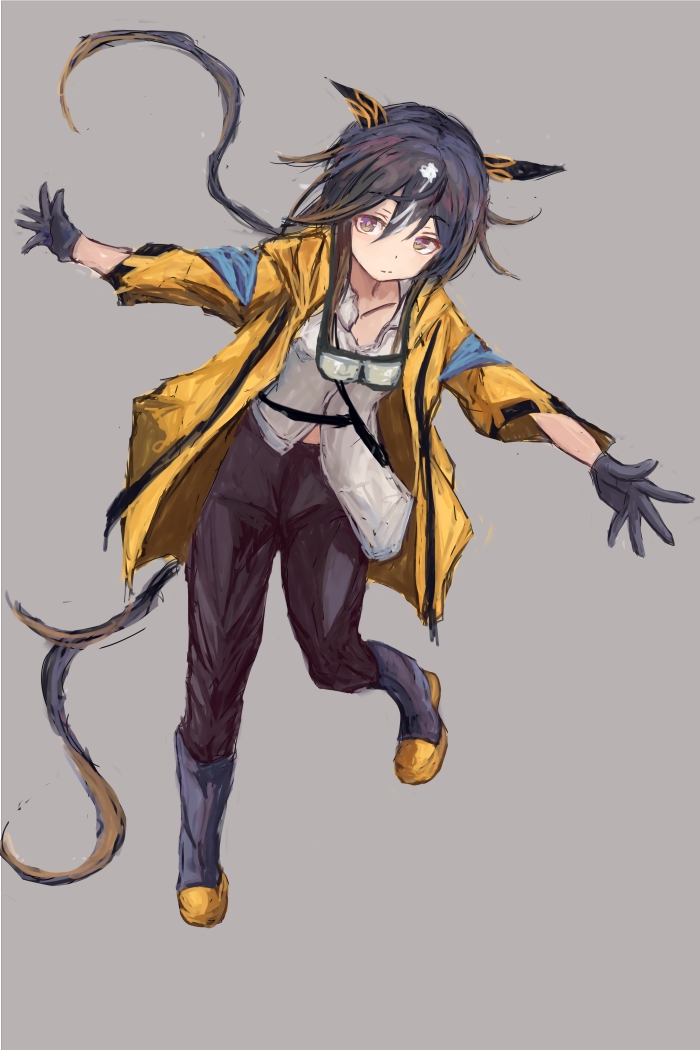 yanagi wakana, stay gold (umamusume), umamusume, 1girl, animal ears, black gloves, black hair, black pants, closed mouth, coat, collared shirt, ear covers, gloves, goggles, goggles around neck, grey background, hair between eyes, horse ears, horse girl, horse tail, jacket, long hair, looking at viewer, multicolored hair, open clothes, open jacket, pants, shirt, simple background, solo, tail, white hair, yellow coat, yellow jacket