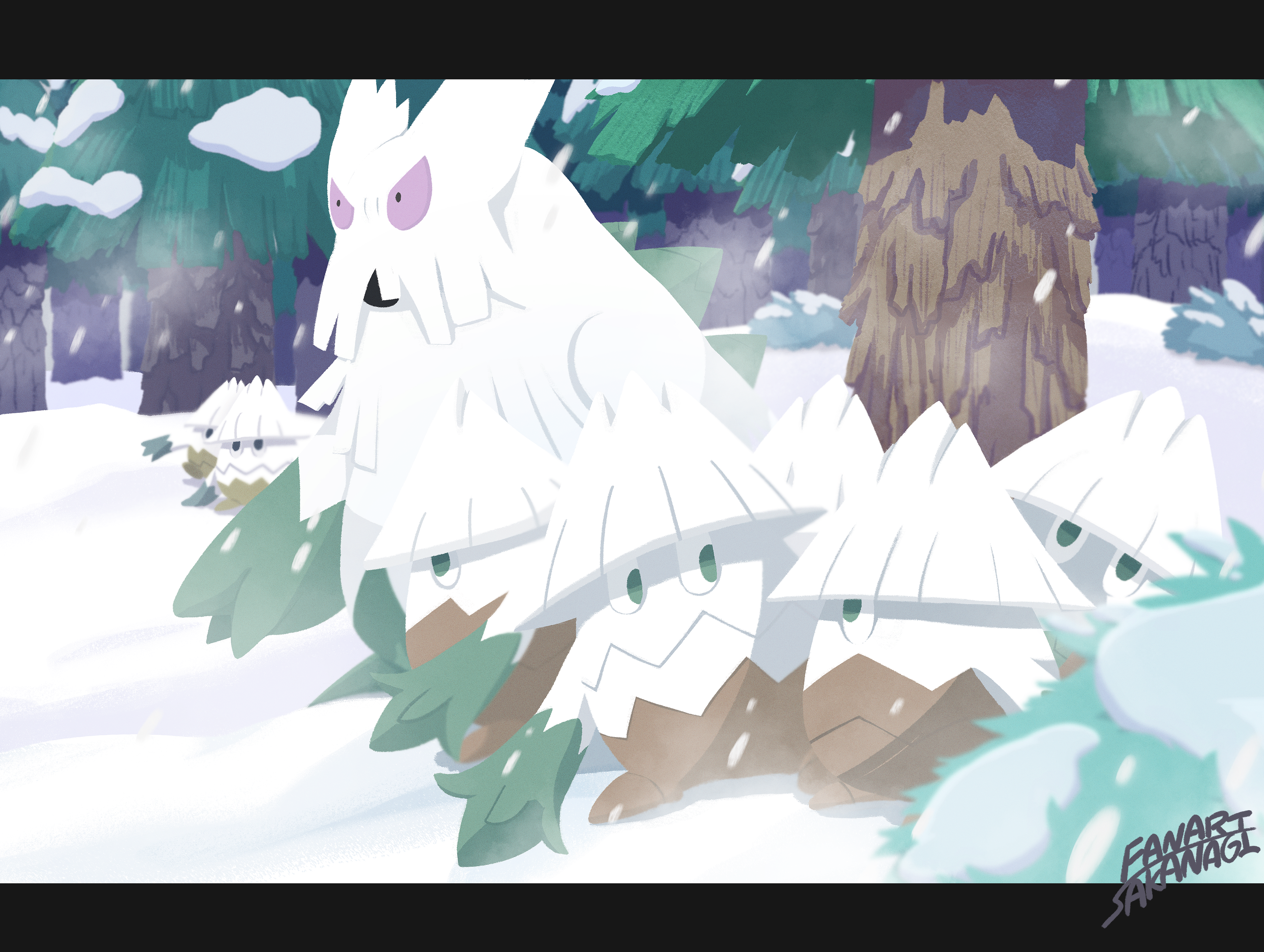 sakanagi (a r co), abomasnow, snover, nintendo, pokemon, absurdres, commentary request, highres, artist name, evolutionary line, gen 4 pokemon, green eyes, letterboxed, open mouth, outdoors, pokemon (creature), pokemon focus, snow, snowing, tree