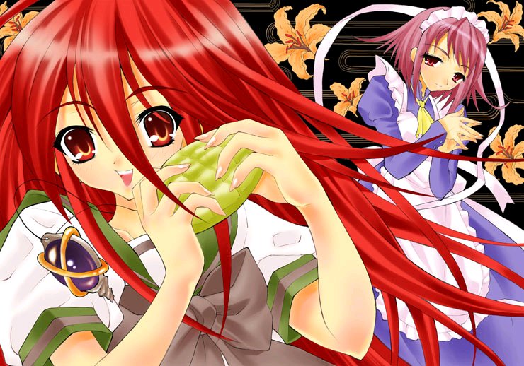 shana, wilhelmina carmel, shakugan no shana, 00s, maid, pink eyes, pink hair, red eyes, red hair, school uniform, serafuku