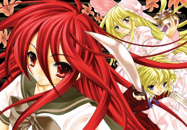 shana, shakugan no shana, 00s, aizen sorath, aizen tiriel, blonde hair, blue eyes, red eyes, red hair, school uniform, serafuku, sword, weapon