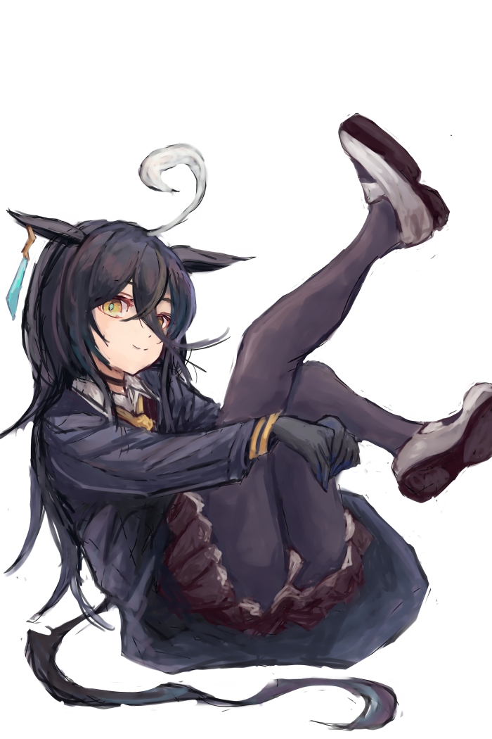 yanagi wakana, manhattan cafe (umamusume), umamusume, 1girl, ahoge, animal ears, black choker, black gloves, black hair, black jacket, black pantyhose, black skirt, choker, closed mouth, collared shirt, ear tag, earrings, gloves, hair between eyes, horse ears, horse girl, horse tail, jacket, jewelry, long bangs, long hair, long hair between eyes, long sleeves, looking at viewer, multicolored hair, necktie, pantyhose, pleated skirt, shirt, shoes, simple background, single earring, skirt, smile, solo, sweater vest, tail, white background, white hair, white shirt, yellow eyes, yellow necktie