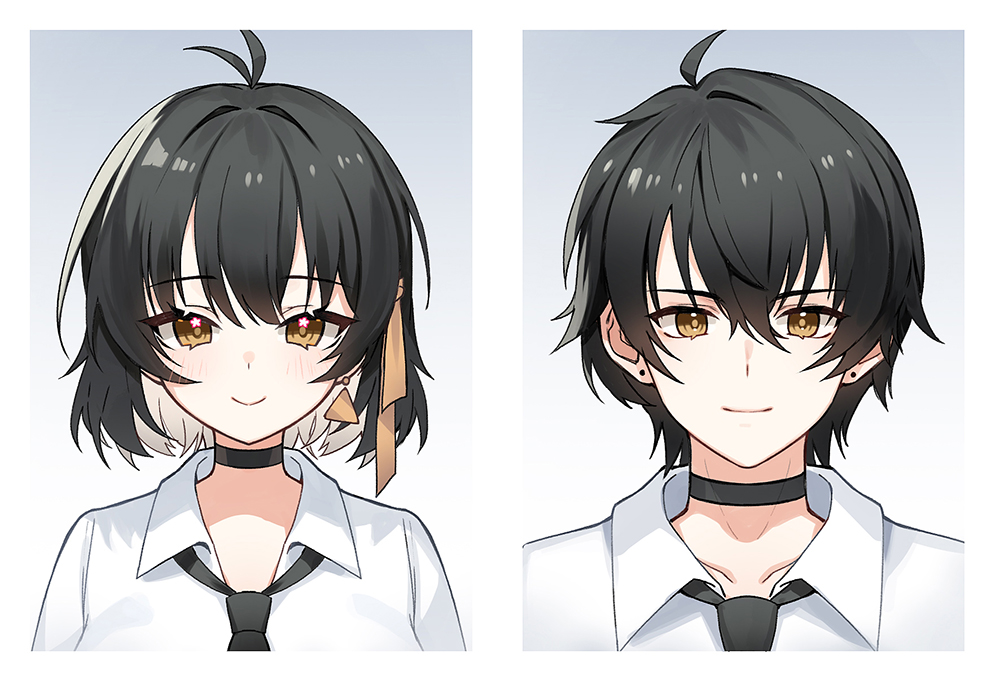 apple caramel, female rover (wuthering waves), male rover (wuthering waves), rover (wuthering waves), wuthering waves, commentary, english commentary, 1boy, 1girl, antenna hair, black choker, black hair, black necktie, choker, closed mouth, collarbone, collared shirt, colored inner hair, dual persona, earrings, hair between eyes, hair ribbon, jewelry, multicolored hair, necktie, portrait, ribbon, shirt, smile, straight-on, triangle earrings, white hair, white shirt, yellow eyes, yellow ribbon