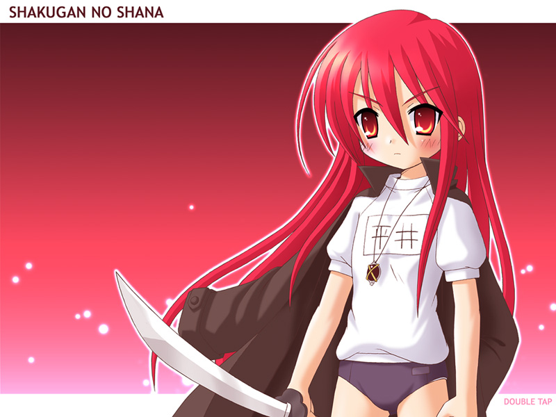 alastor (shakugan no shana), shana, shakugan no shana, non-web source, 00s, 1girl, buruma, cloak, female focus, gym uniform, jewelry, long hair, necklace, pendant, red eyes, red hair, solo, sword, weapon