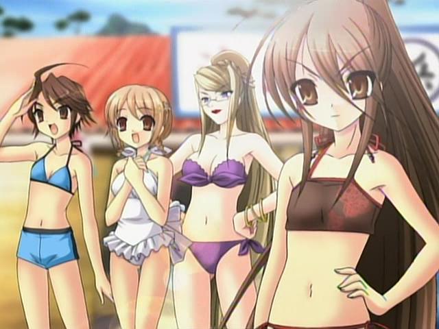 margery daw, ogata matake, shana, yoshida kazumi, shakugan no shana, non-web source, 00s, beach, bikini, blonde hair, blue hair, day, flat chest, glasses, side-tie bikini bottom, swimsuit