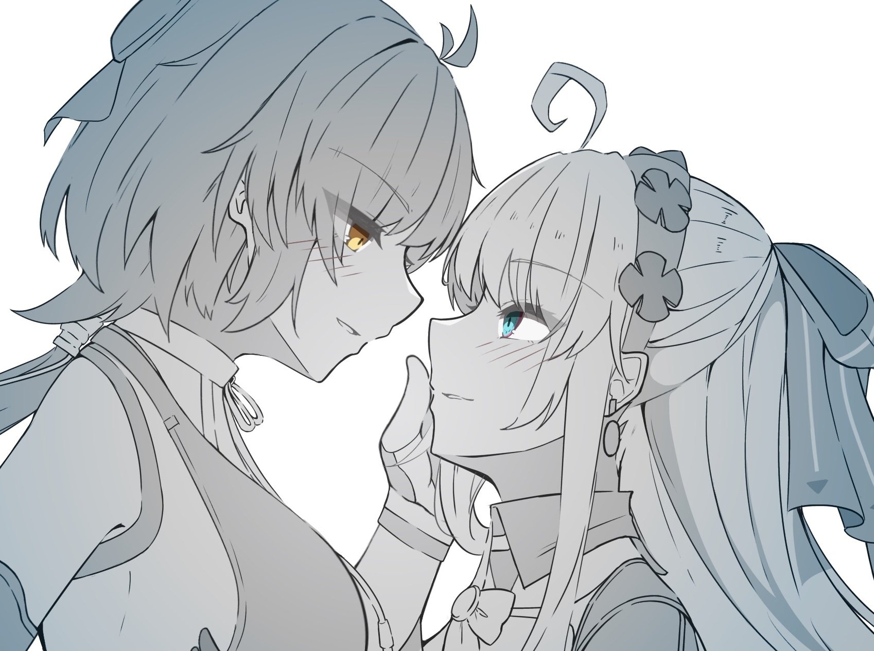 zero 3b, carlotta (wuthering waves), female rover (wuthering waves), rover (wuthering waves), wuthering waves, commentary request, highres, 2girls, aqua eyes, bare shoulders, bow, breasts, earrings, eye contact, hair bow, hairband, hand on another's face, jewelry, long hair, looking at another, low ponytail, medium breasts, multiple girls, parted lips, ponytail, sideways mouth, simple background, spot color, white background, yellow eyes, yuri