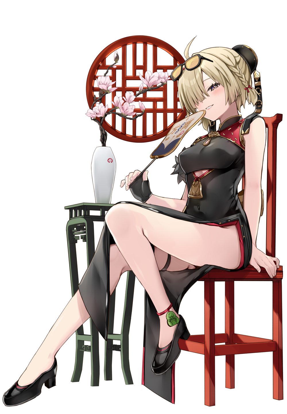 natsume eri, sweety (zenless zone zero), zenless zone zero, commentary request, highres, 1girl, ahoge, bare shoulders, black dress, black gloves, blonde hair, blush, breasts, chair, china dress, chinese clothes, dress, eyewear on head, fingerless gloves, gloves, grin, hair ornament, hair over one eye, hand fan, holding, holding fan, looking at viewer, low twintails, medium breasts, orange-tinted eyewear, pelvic curtain, purple eyes, red dress, short hair, short twintails, side slit, single fingerless glove, sitting, smile, solo, sunglasses, tinted eyewear, twintails, two-tone dress
