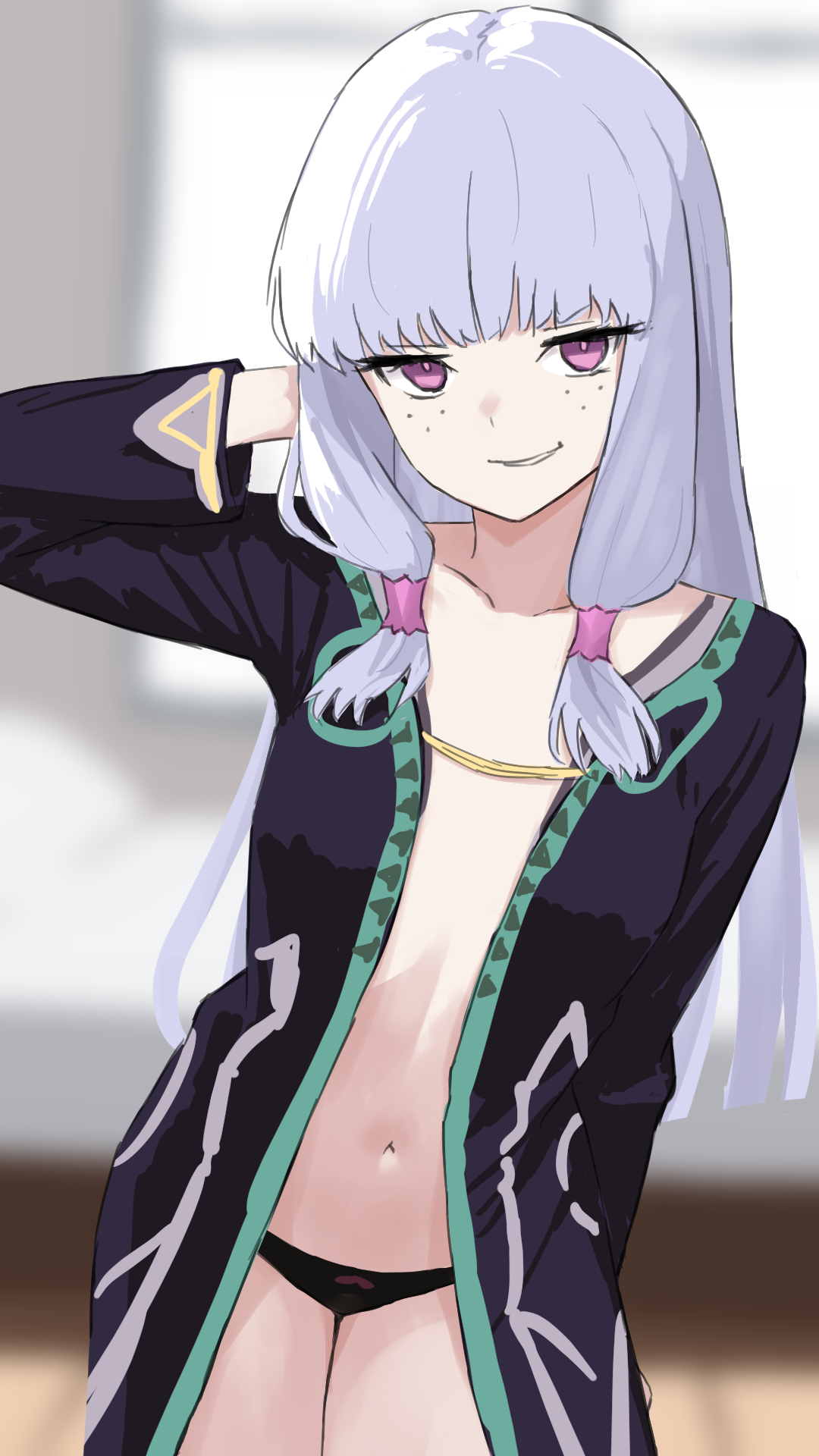 be9459, agria (tales), tales of (series), tales of xillia, commission, highres, 1girl, arm behind head, bedroom, black panties, blunt bangs, borrowed clothes, coat, freckles, grin, hair rings, indoors, long hair, looking at viewer, low-tied sidelocks, navel, oversized clothes, oversized shirt, panties, purple eyes, shirt, sidelocks, smile, solo, underwear, white hair, window
