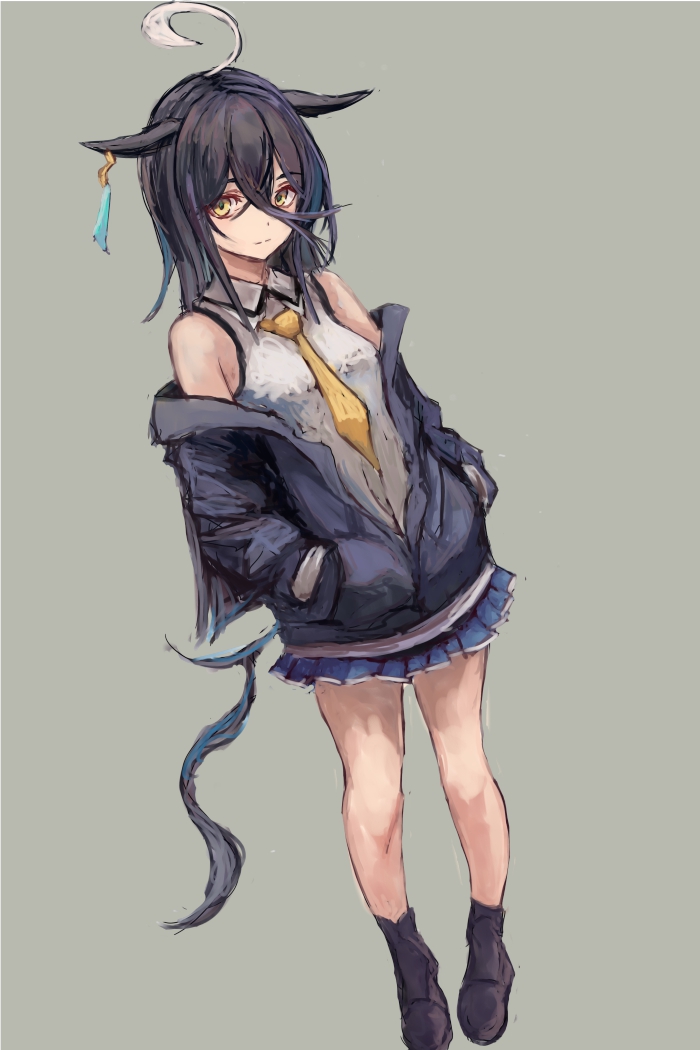 yanagi wakana, manhattan cafe (umamusume), umamusume, 1girl, ahoge, animal ears, black hair, blue jacket, blue skirt, breasts, closed mouth, collared shirt, ear tag, earrings, hair between eyes, horse ears, horse girl, horse tail, jacket, jewelry, long bangs, long hair, long hair between eyes, long sleeves, looking at viewer, multicolored hair, partially unzipped, shirt, shoes, simple background, single earring, skirt, sleeveless, sleeveless shirt, socks, solo, tail, white hair, white shirt, yellow eyes