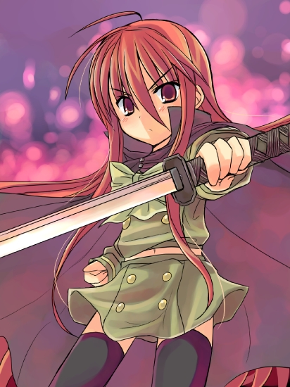 shana, shakugan no shana, 00s, red eyes, red hair, school uniform, serafuku, sword, thighhighs, weapon