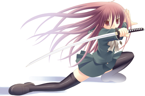 kurasawa kyoushou, alastor (shakugan no shana), shana, shakugan no shana, 00s, 1girl, black thighhighs, female focus, fighting stance, jewelry, long hair, pendant, red eyes, red hair, school uniform, serafuku, solo, sword, thighhighs, weapon, zettai ryouiki