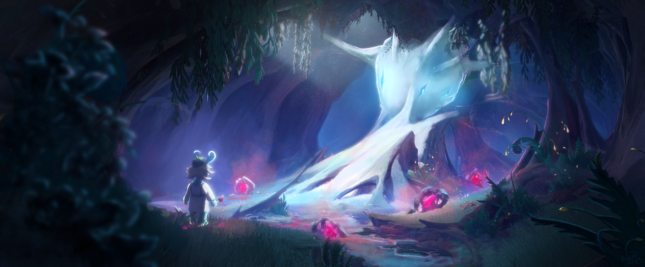 ko-yuki-chan, mamere (genshin impact), genshin impact, commentary, highres, 1girl, antennae, blurry, blurry foreground, bush, facing away, holding, holding paintbrush, light particles, light rays, outdoors, paintbrush, river, scenery, short hair, sunbeam, sunlight, tree, wide shot