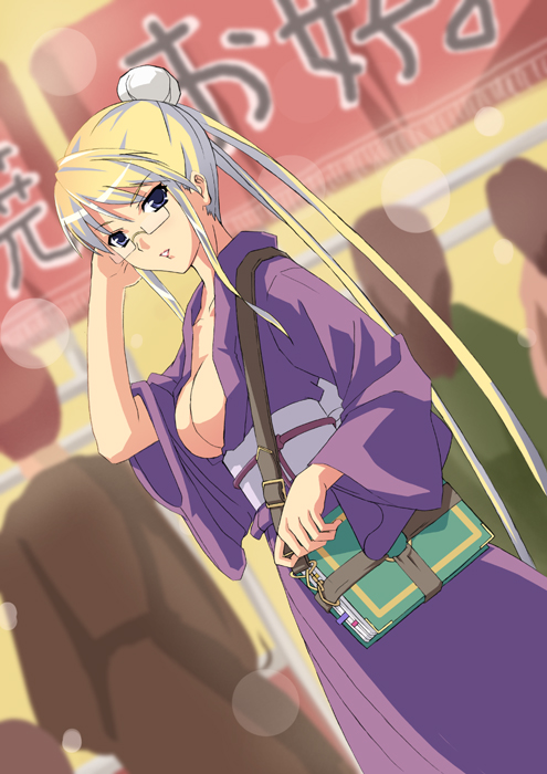 margery daw, shakugan no shana, non-web source, 00s, 1girl, blonde hair, blue eyes, book, breasts, bun cover, cleavage, dutch angle, glasses, hair bun, japanese clothes, kimono, single hair bun, yukata