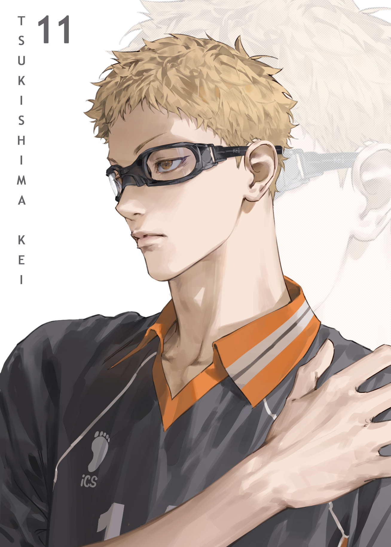 cheezeyoon3, tsukishima kei, haikyuu!!, commentary request, highres, korean commentary, 1boy, artist name, black-framed eyewear, blonde hair, closed mouth, collarbone, glasses, karasuno volleyball uniform, lips, male focus, nose, short hair, solo, sportswear, upper body, very short hair, volleyball uniform, yellow eyes