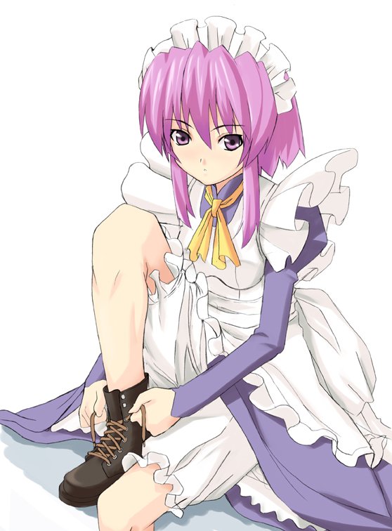 wilhelmina carmel, shakugan no shana, non-web source, 00s, 1girl, bloomers, boots, female focus, maid, pink eyes, pink hair, short hair, solo, tying, underwear