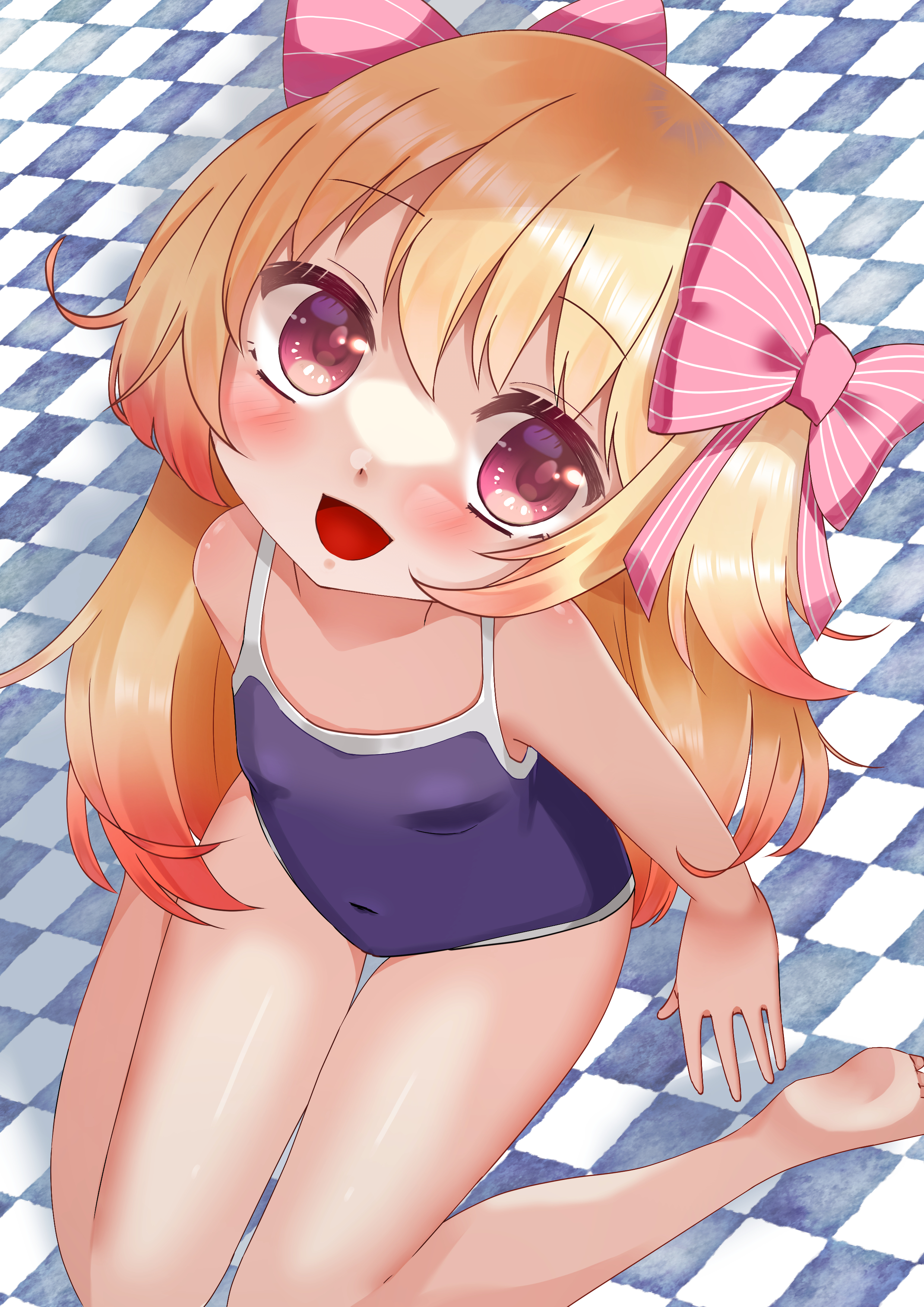 chaos marie (grimms notes), grimms notes, 1girl, alternate costume, blonde hair, breasts, long hair, new school swimsuit, panachia, school swimsuit, sitting, small breasts, solo, swimsuit
