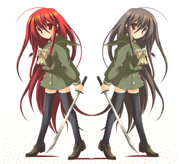 alastor (shakugan no shana), shana, shakugan no shana, non-web source, 00s, 1girl, black hair, brown eyes, brown hair, dual persona, jewelry, long hair, pendant, red eyes, red hair, school uniform, serafuku, sword, thighhighs, weapon