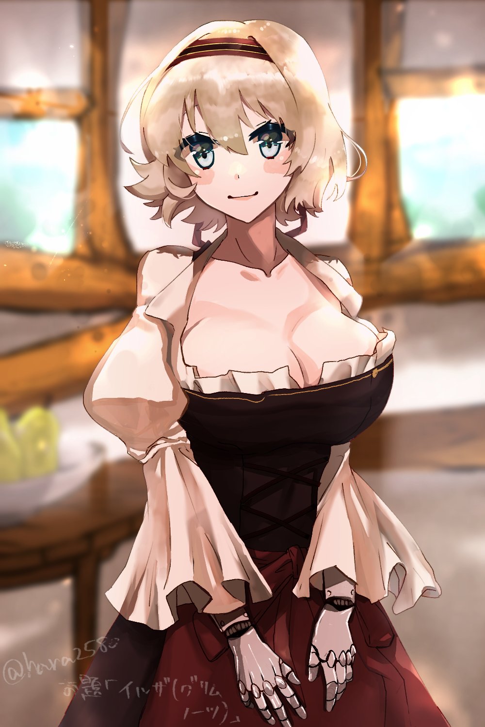 ilsa (grimms notes), grimms notes, 1girl, blonde hair, breasts, cleavage, hara2580, indoors, large breasts, prosthesis, prosthetic arm, short hair, solo