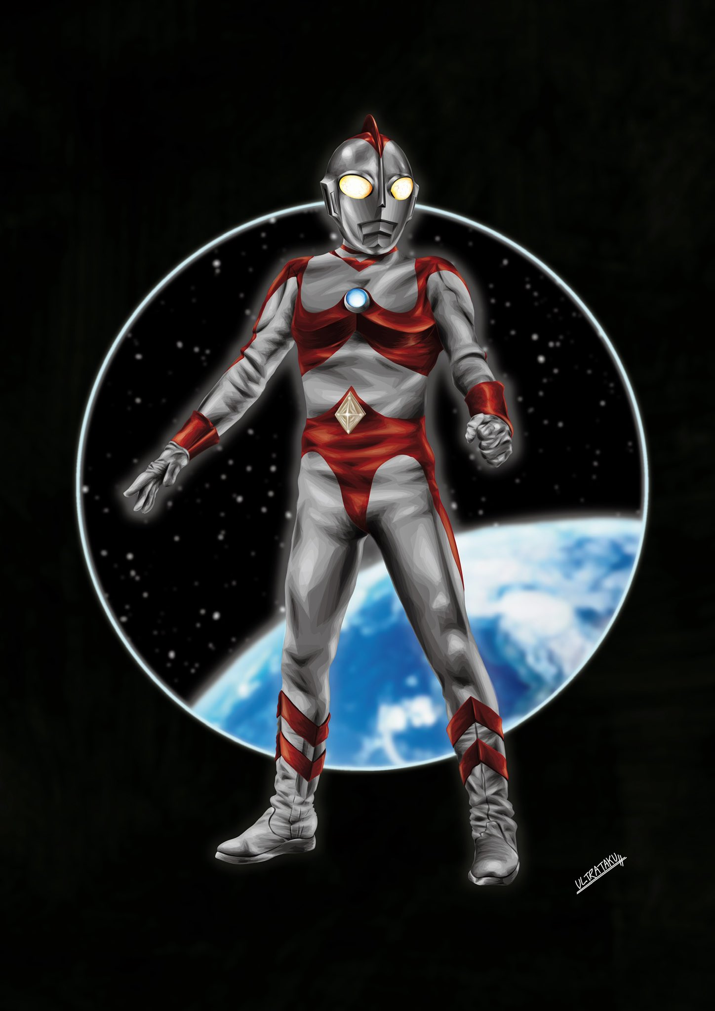 ultrataku, ultraman 80, ultra series, ultraman 80 (series), commentary, highres, 1boy, alien, arm guards, arms at sides, artist name, black background, buckle, clenched hand, color timer, colored skin, compound eyes, crystal, diamond-shaped buckle, diamond (shape), dorsal fin, earth (planet), full body, glowing, glowing eyes, legs apart, looking ahead, male focus, multicolored skin, pectorals, planet, red skin, signature, silver skin, simple background, sky, solo, space, standing, star (sky), starry sky, tokusatsu, toned, toned male, two-tone skin, wrinkled skin, yellow eyes