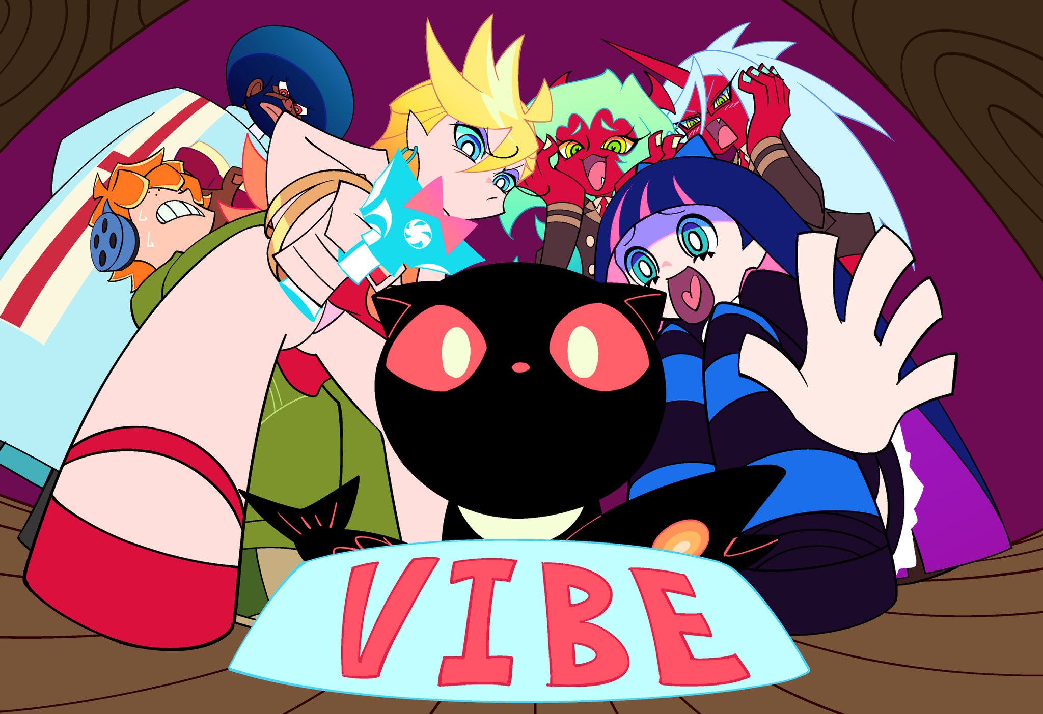 brief (psg), garterbelt (psg), kneesocks (psg), panty (psg), scanty (psg), stocking (psg), panty & stocking with garterbelt, highres, 2boys, 4girls, afro, aqua eyes, black dress, black hair, blonde hair, blue hair, book, bowl, colored inner hair, colored skin, dark-skinned male, dark skin, demon girl, demon horns, dress, fish, gun, holding, holding book, horns, kyouiiyokan, lolita fashion, long hair, multicolored hair, multiple boys, multiple girls, orange hair, pet bowl, pink streaks, priest, red dress, red skin, short hair, striped clothes, striped thighhighs, thighhighs, vibe (psg), weapon
