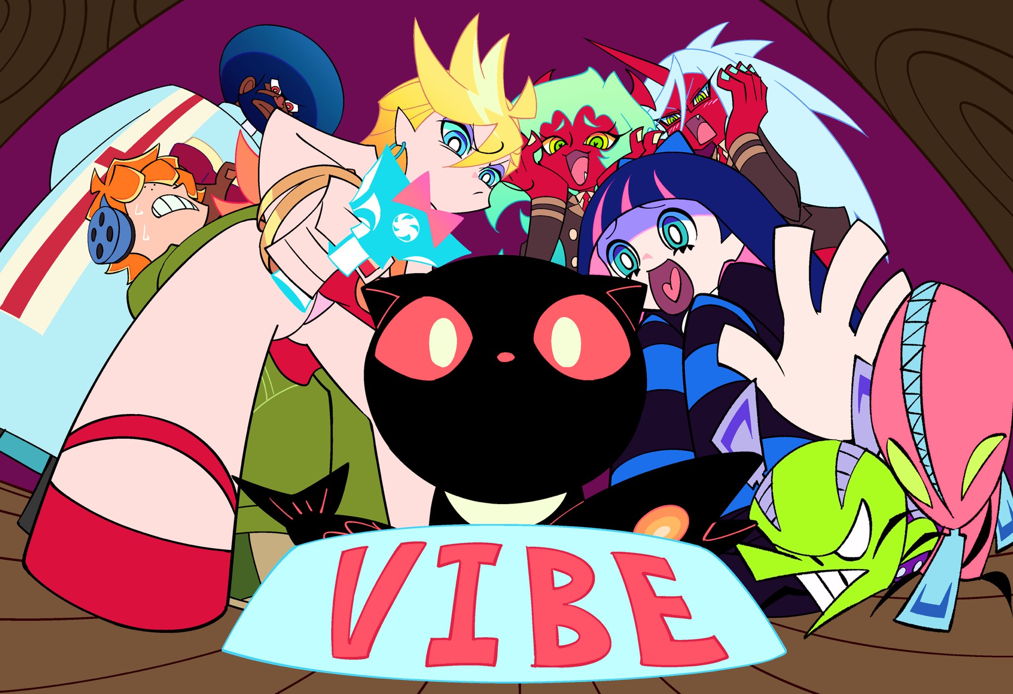 brief (psg), chuck (psg), fastener (psg), garterbelt (psg), kneesocks (psg), panty (psg), scanty (psg), stocking (psg), panty & stocking with garterbelt, highres, 2boys, 4girls, afro, aqua eyes, black dress, black hair, blonde hair, blue hair, book, bowl, colored inner hair, colored skin, dark-skinned male, dark skin, demon girl, demon horns, dress, fish, gun, holding, holding book, horns, kyouiiyokan, lolita fashion, long hair, multicolored hair, multiple boys, multiple girls, orange hair, pet bowl, pink streaks, priest, red dress, red skin, short hair, striped clothes, striped thighhighs, thighhighs, vibe (psg), weapon