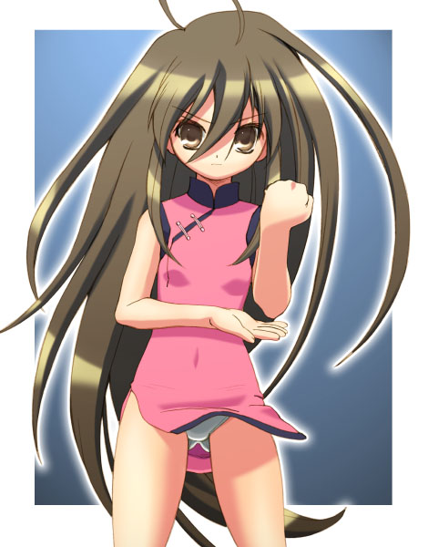 shana, shakugan no shana, 00s, brown eyes, brown hair, china dress, chinese clothes, dress, long hair, panties, pantyshot, side slit, solo, underwear, very long hair, white panties