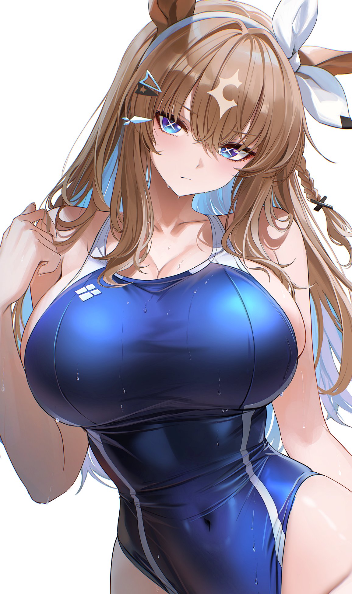 re0n, almond eye (umamusume), umamusume, commentary, highres, 1girl, animal ears, bare arms, blue eyes, blue hair, blue one-piece swimsuit, blush, bow, bow hairband, braid, breasts, brown hair, cleavage, closed mouth, colored inner hair, competition swimsuit, covered navel, cross-shaped pupils, hair between eyes, hair ornament, hairband, hairclip, hand up, head tilt, horse ears, horse girl, large breasts, long hair, looking at viewer, multicolored hair, one-piece swimsuit, side braid, single braid, skindentation, solo, swimsuit, symbol-shaped pupils, upper body, wet, white background, white bow, white hairband