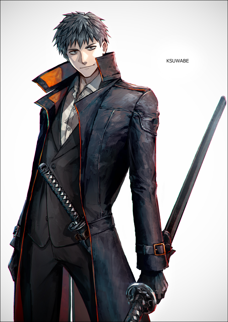 k-suwabe, saitou hajime (fate), fate/grand order, fate (series), 1boy, black suit, blue hair, coat, collared coat, formal clothes, gloves, holding, holding sheath, holding sword, holding weapon, jacket, katana, looking at viewer, male focus, saitou hajime (first ascension) (fate), sheath, sheathed, shirt, short hair, smile, solo, suit, sword, weapon