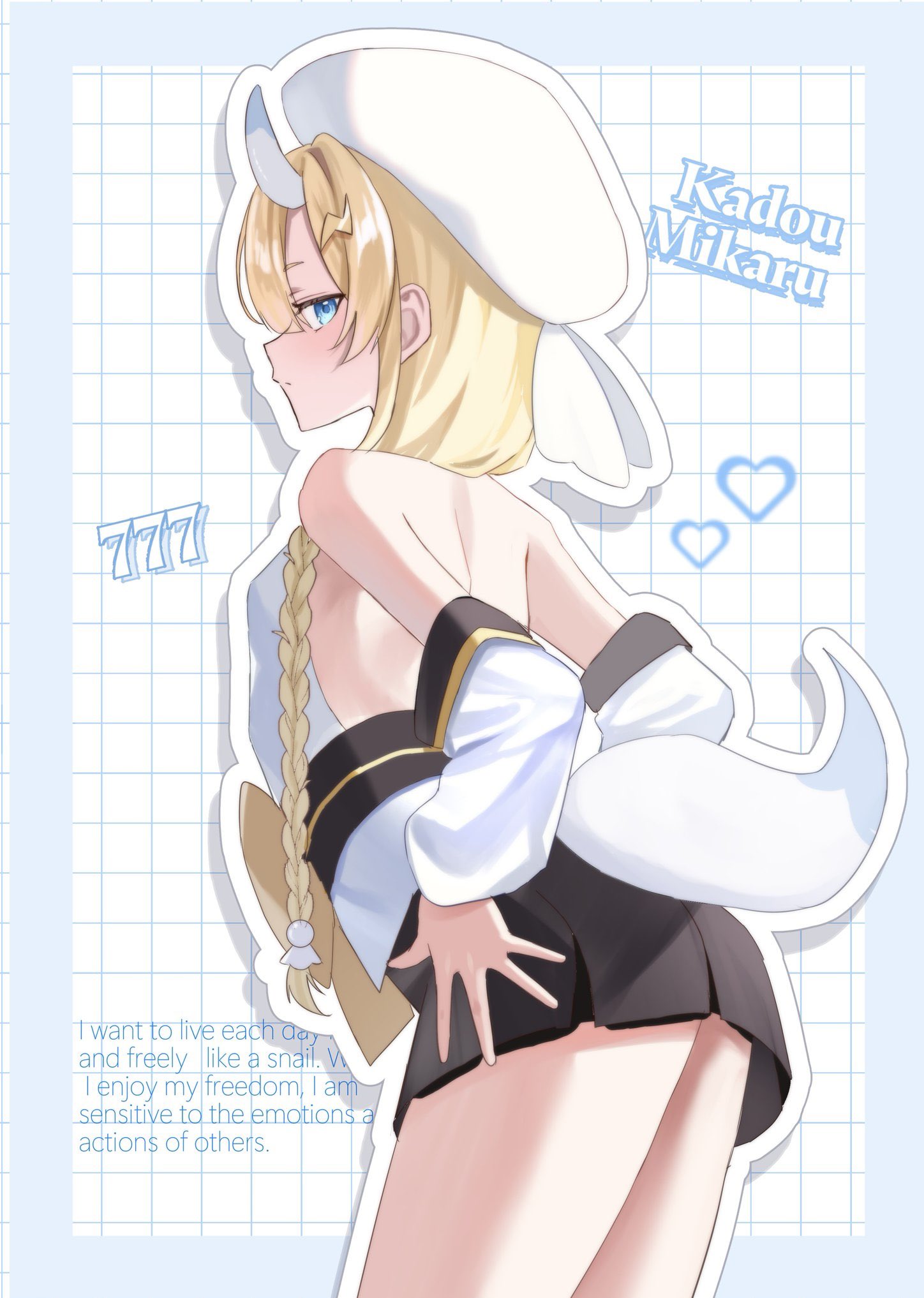 coco (lu28 mi), kadou mikaru, nijisanji, highres, 1girl, backless kimono, backless outfit, bare shoulders, black skirt, blonde hair, blue border, blue eyes, blue horns, border, bow, braid, breasts, character name, closed mouth, cowboy shot, detached sleeves, english text, from side, grid background, hair ornament, hair over shoulder, hakama, hakama skirt, hands on own hips, hat, heart, horns, japanese clothes, kimono, lightning bolt, lightning bolt hair ornament, lightning bolt symbol, looking at viewer, low twin braids, miniskirt, multicolored horns, obi, obi bow, obijime, outline, profile, sash, sidelocks, skirt, small breasts, solo, spread fingers, teruterubouzu, twin braids, two-tone horns, virtual youtuber, white background, white hat, white horns, white kimono, white outline, yellow bow