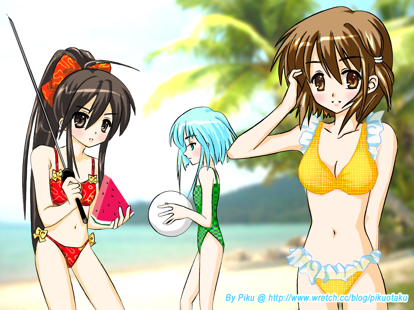 hecate (shakugan no shana), shana, yoshida kazumi, shakugan no shana, highres, 00s, blue eyes, blue hair, brown eyes, brown hair, swimsuit, sword, weapon
