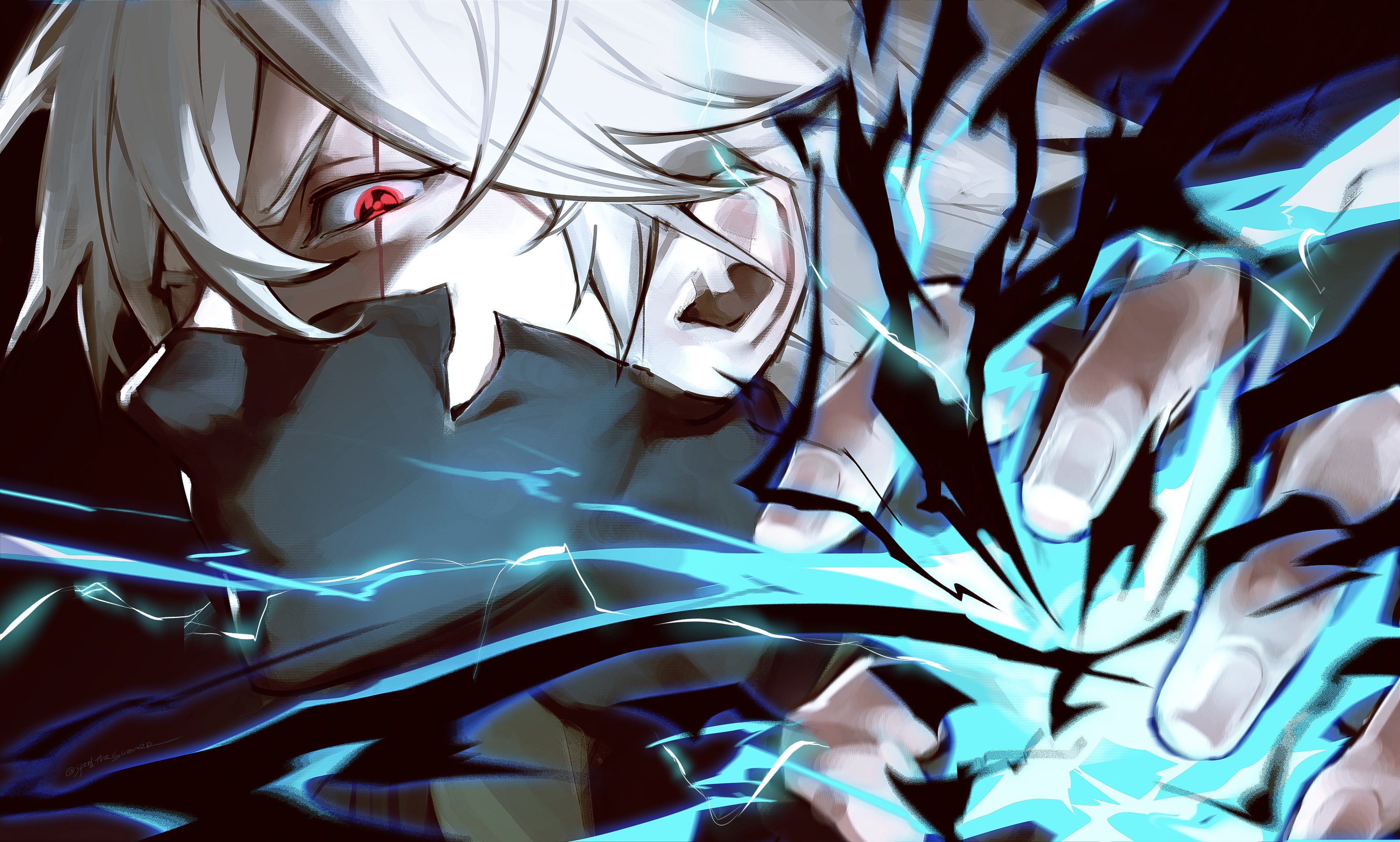 spendthesummer, hatake kakashi, naruto (series), absurdres, commentary request, highres, korean commentary, 1boy, black mask, looking at viewer, male focus, mask, red eyes, sharingan, short hair, solo, symbol-shaped pupils, white hair