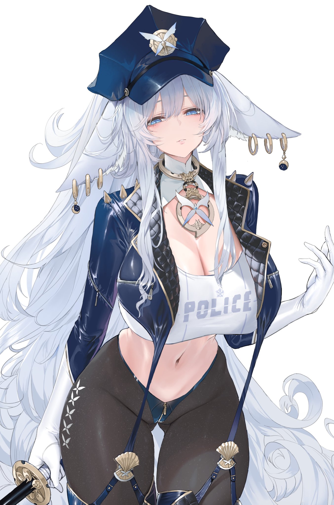 dishwasher1910, shinano (azur lane), azur lane, highres, 1girl, animal ear fluff, animal ears, black pantyhose, blue jacket, boots, breasts, crop top, cropped jacket, fox ears, hat, holding, holding sword, holding weapon, jacket, katana, large breasts, long hair, pantyhose, peaked cap, sword, tail, thigh boots, weapon