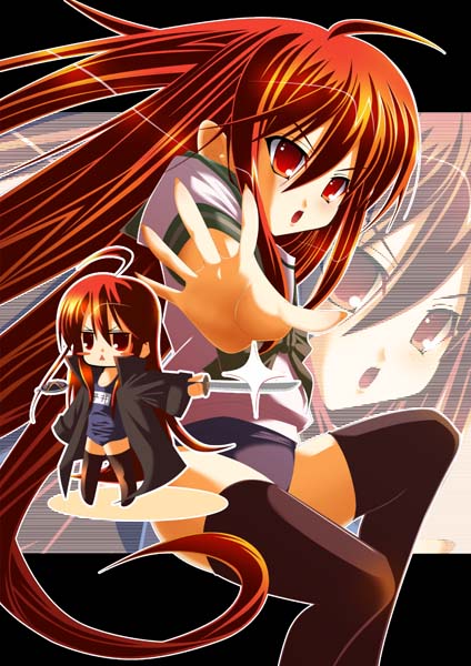 shana, shakugan no shana, 00s, red eyes, red hair, school uniform, serafuku, swimsuit, thighhighs