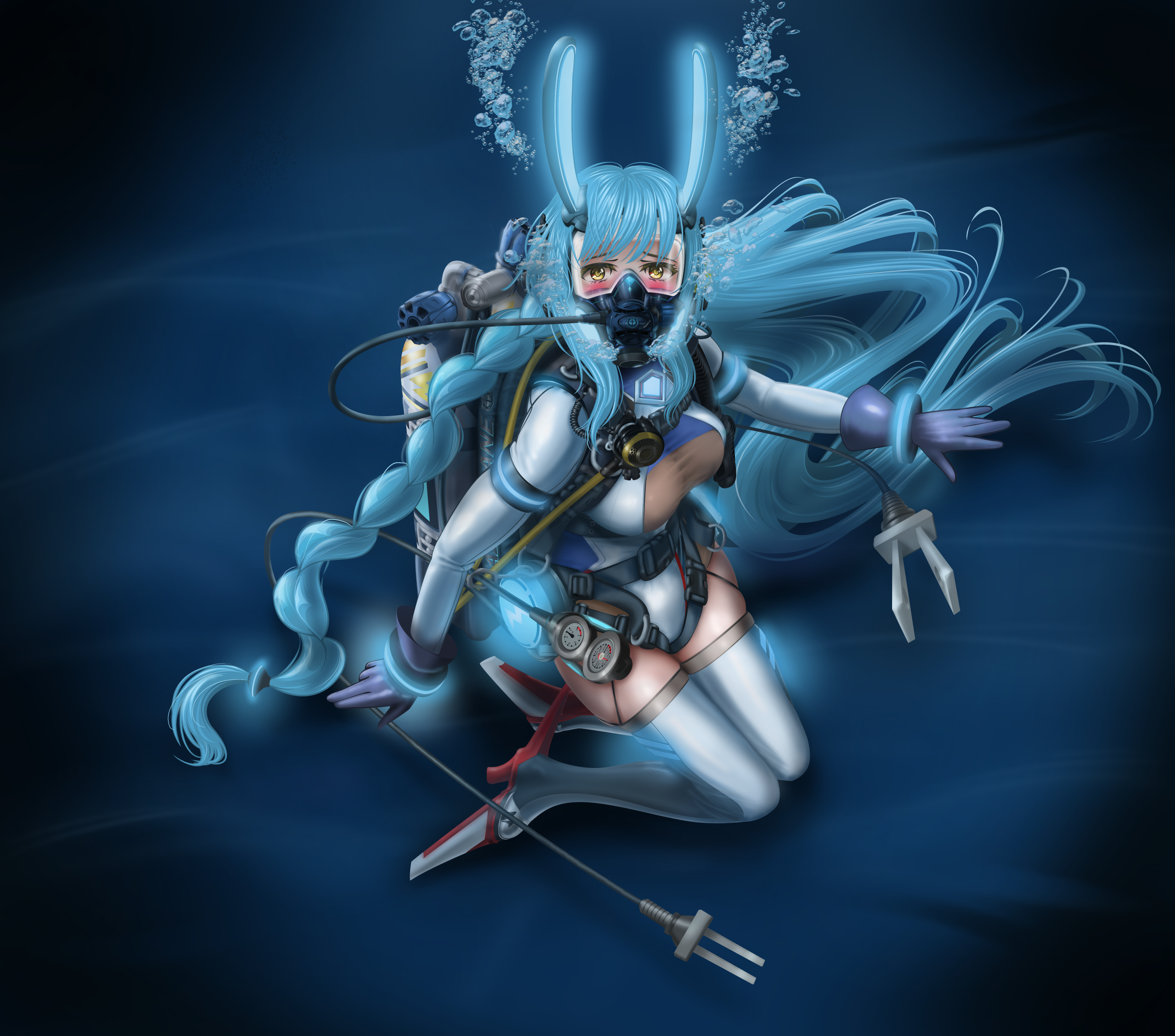 ink b.p., boise (azur lane), azur lane, commentary request, highres, variant set, 1girl, air bubble, animal ears, aqua hair, blue gloves, breasts, bubble, fake animal ears, full body, gloves, glowing, highleg, highleg leotard, leotard, long hair, long sleeves, looking at viewer, mask, medium breasts, mouth mask, oxygen mask, oxygen tank, rabbit ears, scuba tank, solo, thighhighs, underwater, very long hair, white leotard, white thighhighs, yellow eyes