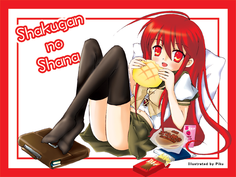 piku, alastor (shakugan no shana), shana, shakugan no shana, non-web source, 00s, 1girl, bag, bread, female focus, food, jewelry, melon bread, pendant, pillow, pocky, red eyes, red hair, school bag, school uniform, serafuku, solo, thighhighs, zettai ryouiki