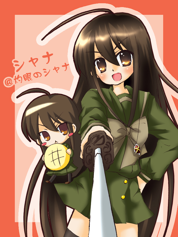 shana, shakugan no shana, 00s, brown eyes, brown hair, school uniform, serafuku, sword, thighhighs, weapon