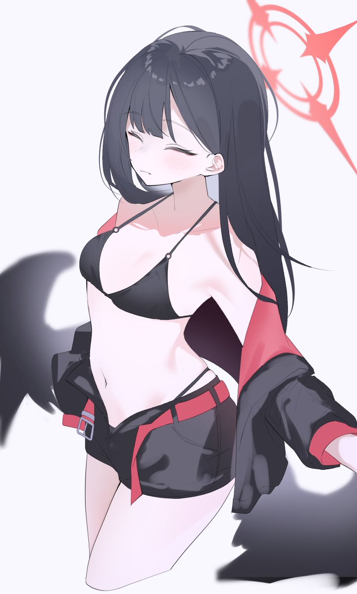 shihiki, ichika (blue archive), ichika (swimsuit) (blue archive), blue archive, commentary request, highres, 1girl, bare shoulders, bikini, black bikini, black hair, black jacket, black shorts, black wings, blush, breasts, closed eyes, closed mouth, cropped legs, halo, highleg, highleg bikini, jacket, long hair, low wings, off shoulder, open clothes, open jacket, short shorts, shorts, simple background, skindentation, small breasts, solo, swimsuit, wings