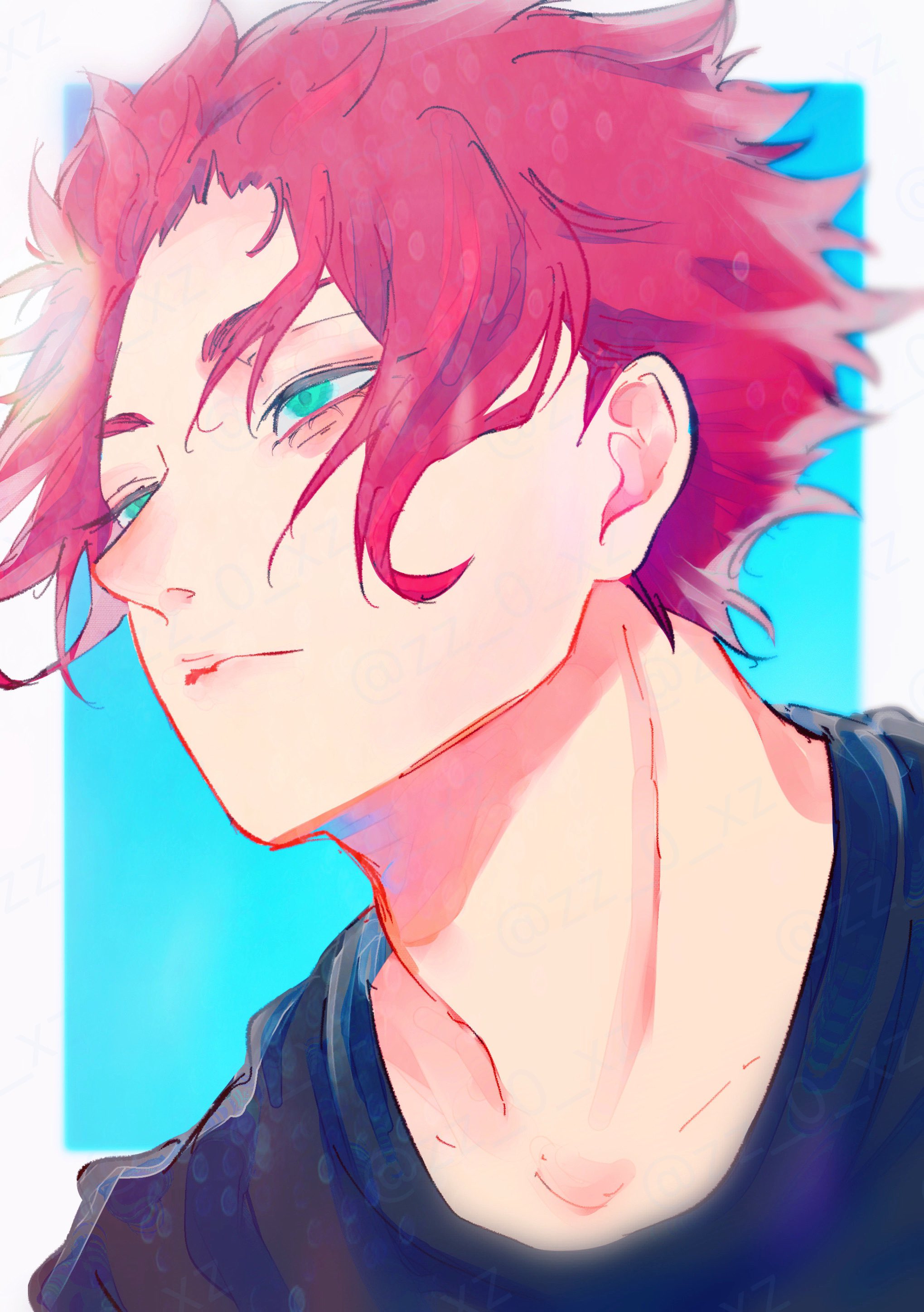 itoshi sae, blue lock, absurdres, commentary, highres, 1boy, alternate costume, aqua eyes, black shirt, border, closed mouth, male focus, outside border, red hair, shirt, short hair, simple background, solo, upper body, white border, zz 0 xz