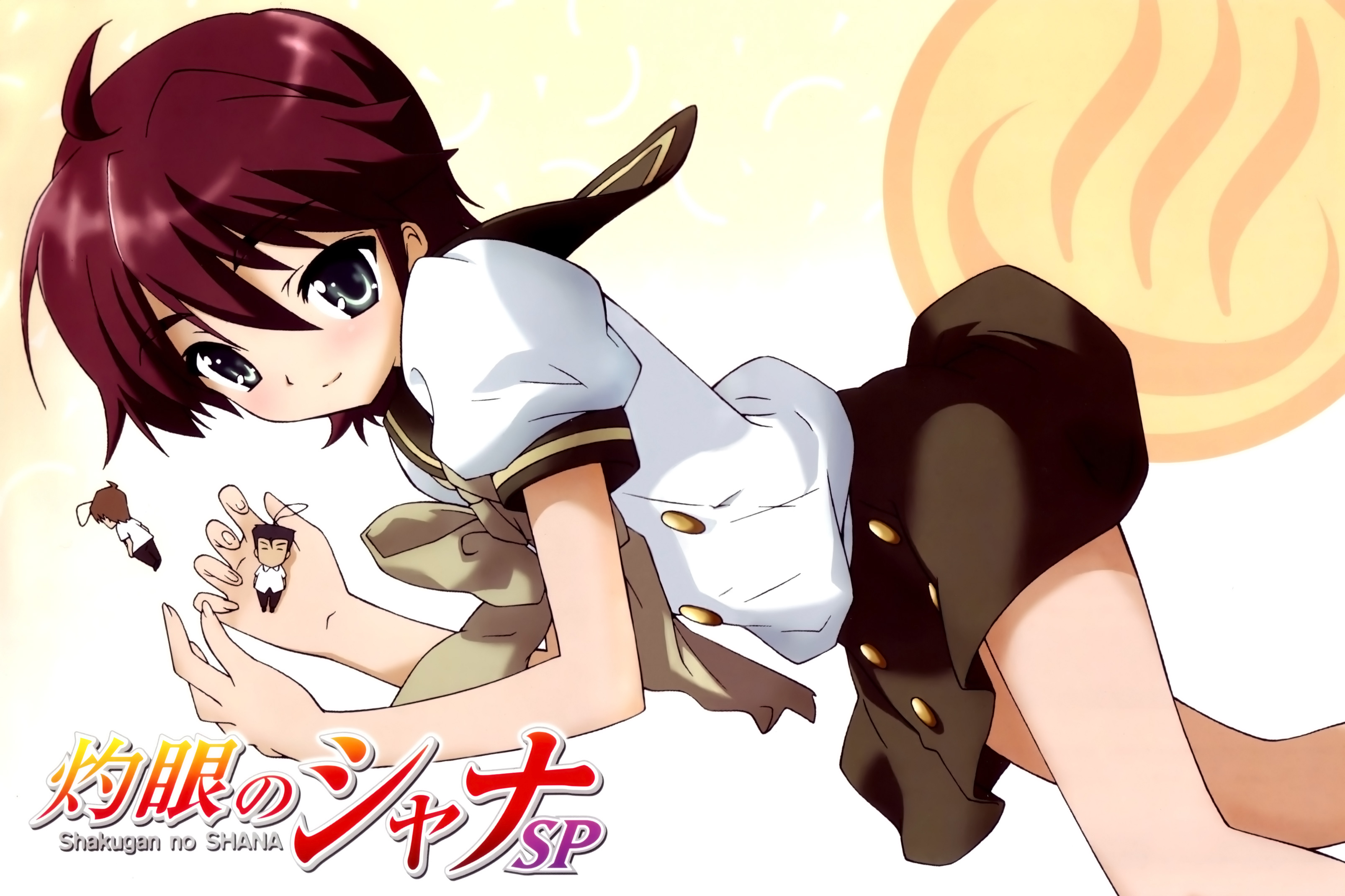 ogata matake, satou keisaku, tanaka eita, shakugan no shana, absurdres, highres, non-web source, third-party edit, 00s, 1girl, black eyes, brown hair, cameo, doll, female focus, red hair, school uniform, serafuku, solo