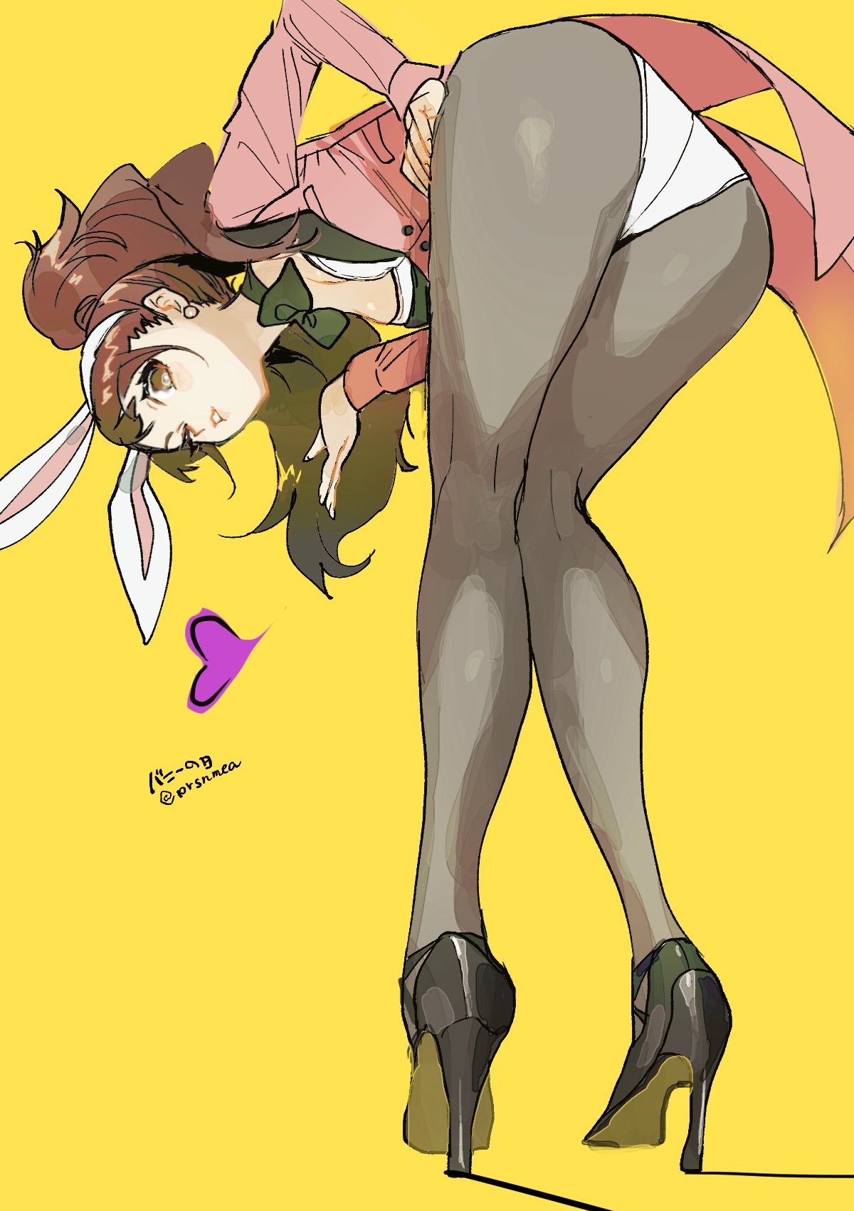 meameeea, kujikawa rise, persona, persona 4, highres, 1girl, animal ear hairband, animal ears, ass, black shoes, bow, bowtie, brown hair, fake animal ears, green bow, green bowtie, grey pants, hairband, heart, high heels, jacket, leotard, looking at viewer, one eye closed, pants, parted lips, pink jacket, playboy bunny, rabbit ear hairband, rabbit ears, shoes, simple background, solo, teeth, twitter username, yellow background