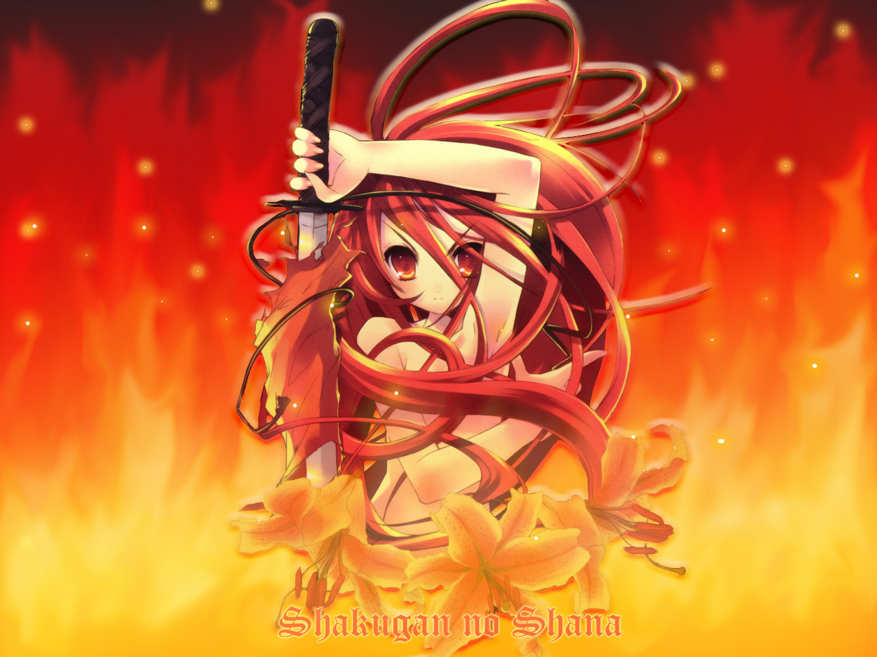 ito noizi, shana, shakugan no shana, 00s, 1girl, female focus, fire, flower, katana, long hair, nude, orange theme, red eyes, red hair, red theme, solo, sword, weapon