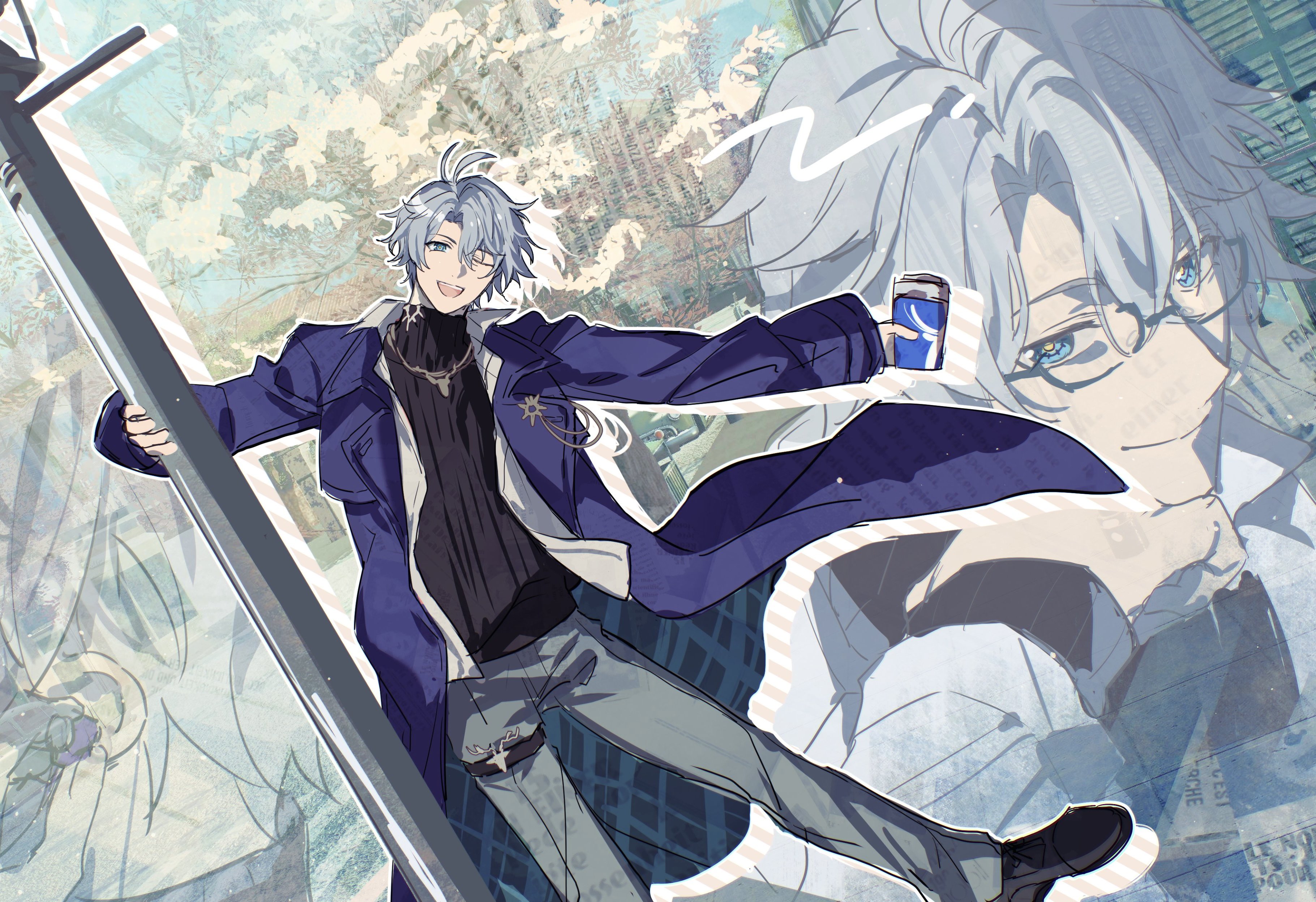 zassyoku dd, phainon (honkai: star rail), honkai: star rail, honkai (series), absurdres, highres, 1boy, antenna hair, bespectacled, black sweater, blue eyes, closed mouth, coat, cup, glasses, grey hair, grey pants, hair between eyes, holding, holding cup, jewelry, looking at viewer, male focus, multiple views, necklace, official alternate costume, open clothes, open coat, open mouth, open shirt, pants, parted bangs, phainon (luckin coffee) (honkai: star rail), purple coat, shirt, short hair, smile, solo, sweater, turtleneck, turtleneck sweater, white shirt, yellow pupils