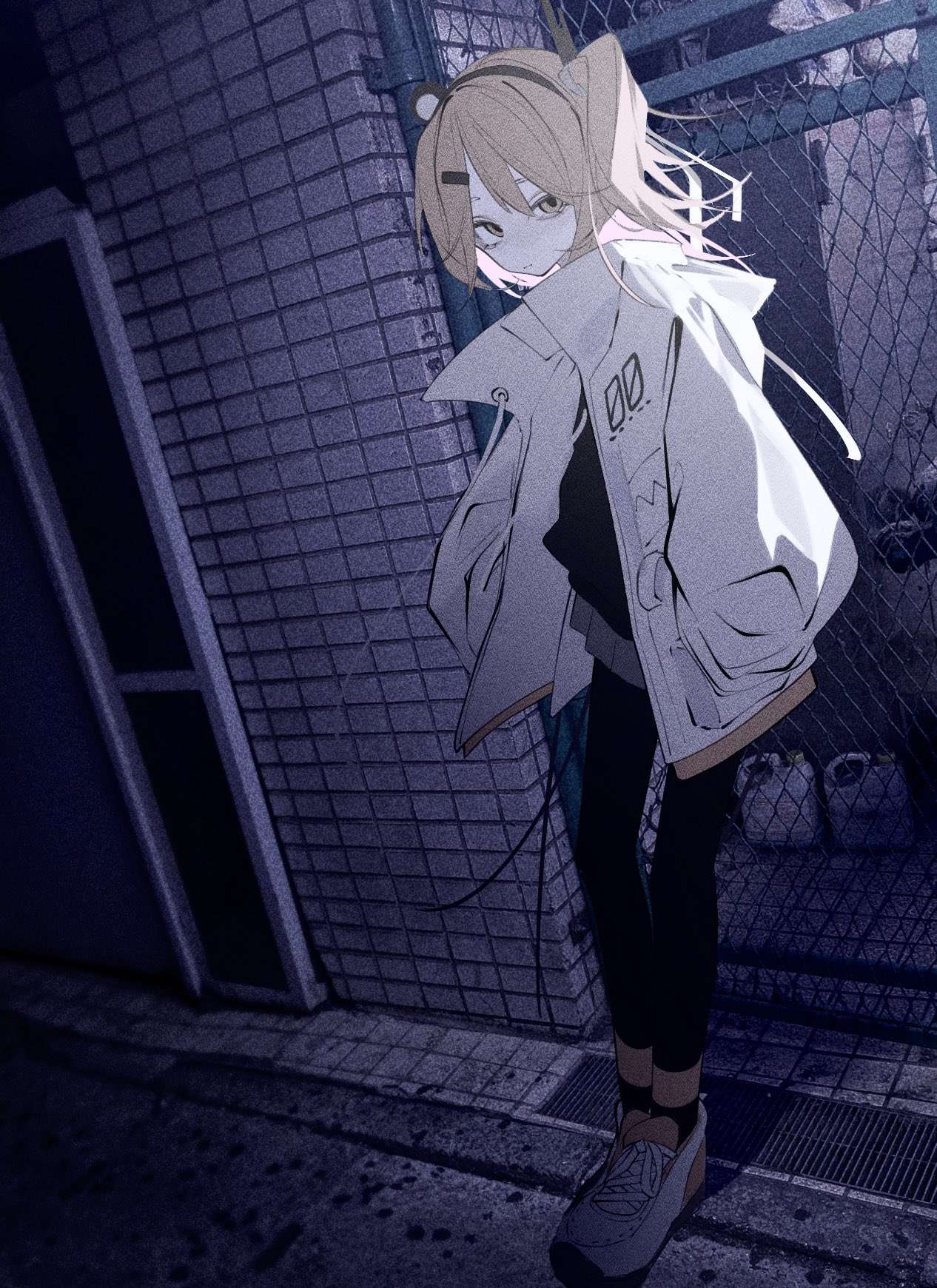 shihiki, adachi rei, a.i. voice, utau, hashtag-only commentary, highres, 1girl, black leggings, black sweater, chain-link fence, closed mouth, fence, grey skirt, hair between eyes, hands in pockets, headlamp, jacket, leggings, long sleeves, looking at viewer, one side up, open clothes, open jacket, orange eyes, orange hair, shoes, skirt, sneakers, solo, standing, sweater, white jacket