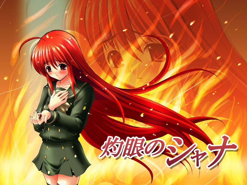 shana, shakugan no shana, 00s, blush, fire, red eyes, red hair, school uniform, serafuku, thighhighs