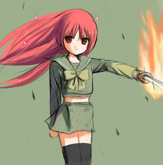 shana, shakugan no shana, 00s, red eyes, red hair, school uniform, serafuku, sword, thighhighs, weapon