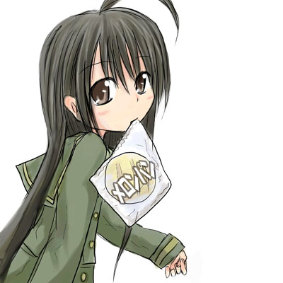 shana, shakugan no shana, lowres, non-web source, 00s, ahoge, black hair, bread, brown eyes, food, long hair, melon bread, mouth hold, school uniform, serafuku