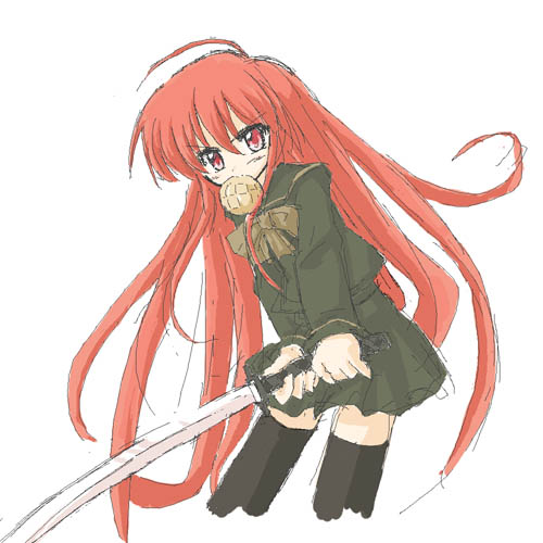 shana, shakugan no shana, lowres, 00s, red eyes, red hair, school uniform, serafuku, sword, thighhighs, weapon