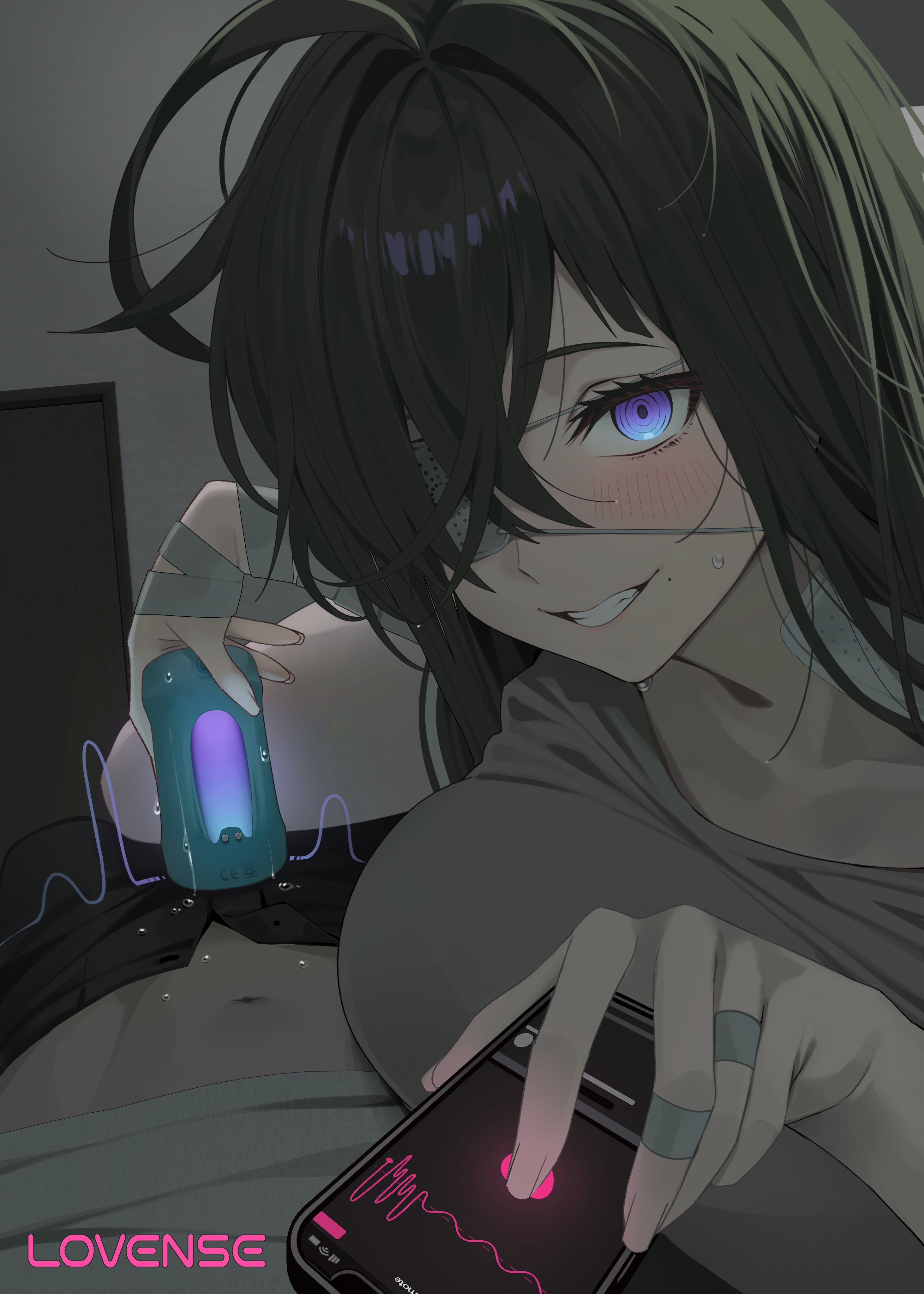 meettheton, absurdres, commentary, english commentary, highres, 1boy, 1girl, ad, artificial vagina, bandaged arm, bandages, bandaid, bandaid on finger, black hair, black pants, blue eyes, blush, breast rest, breasts, cellphone, crossed bangs, eyepatch, gauze, gauze on neck, grey shirt, grin, hair between eyes, hair over one eye, hetero, holding, holding phone, large breasts, looking at viewer, lovense, pants, phone, pov, sex toy, shirt, smartphone, smile, solo focus, sweat, upper body, white shirt