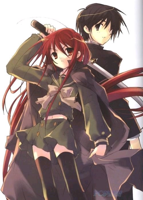 sakai yuji, shana, shakugan no shana, 00s, brown eyes, brown hair, red eyes, red hair, school uniform, serafuku, sword, thighhighs, weapon